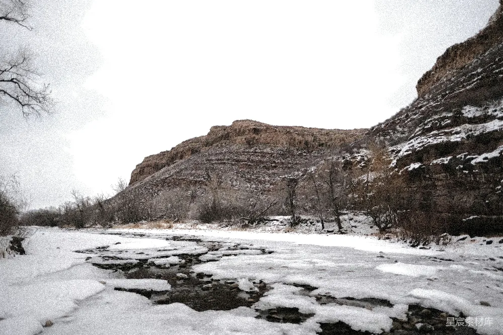高清摄影  一条河流穿过覆盖着雪的森林