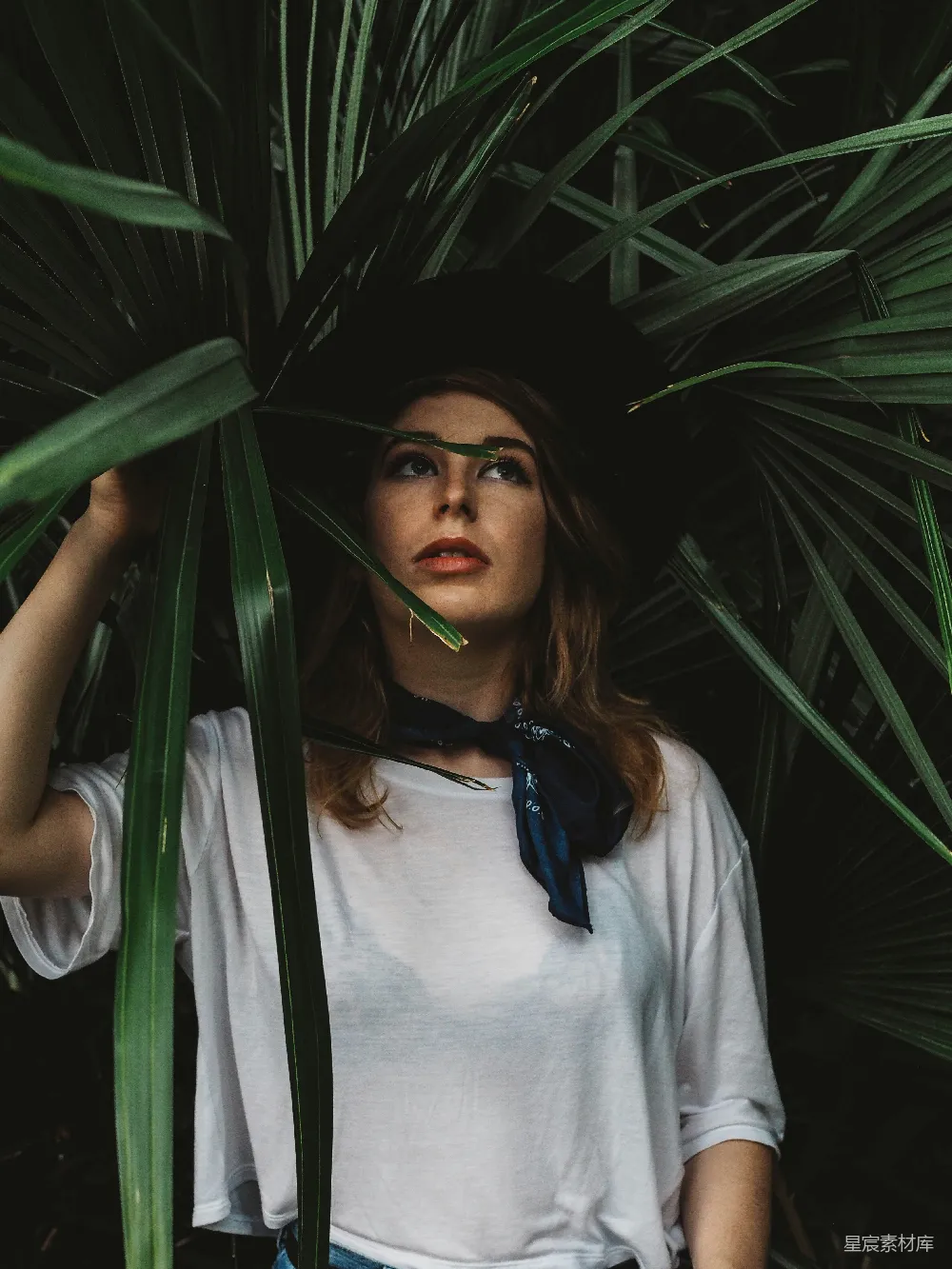 高清摄影  穿着白色圆领衬衫的女人拿着植物