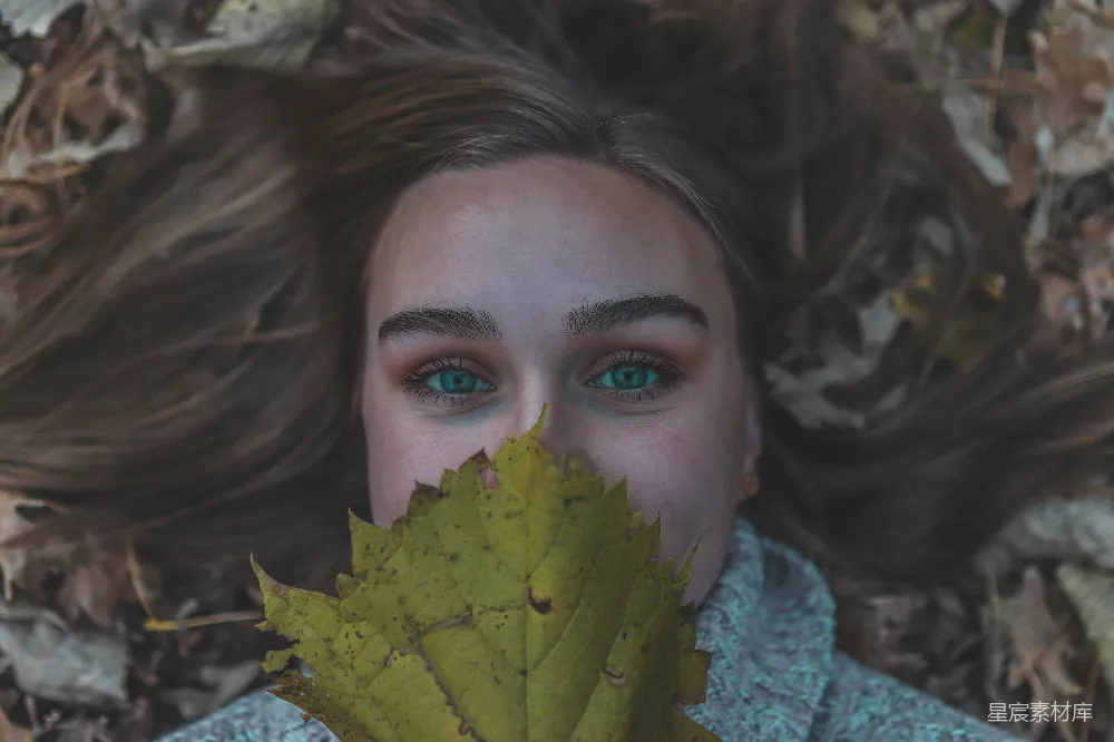 高清摄影  女人躺在干枯的树叶上，手里拿着一片绿叶。