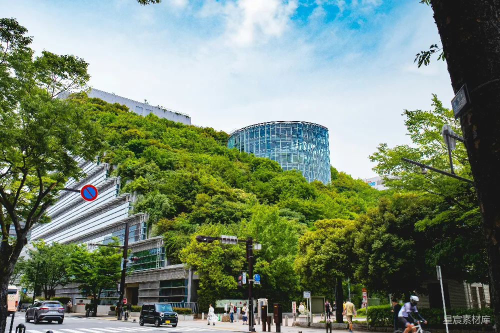 高清摄影  一条城市街道的景色，背景中有一栋建筑物。