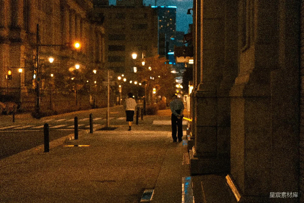 高清摄影  两个人在夜晚沿着街道走着。