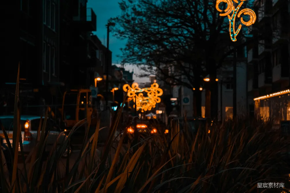 高清摄影  夜晚的街道，前景中有一盏路灯。