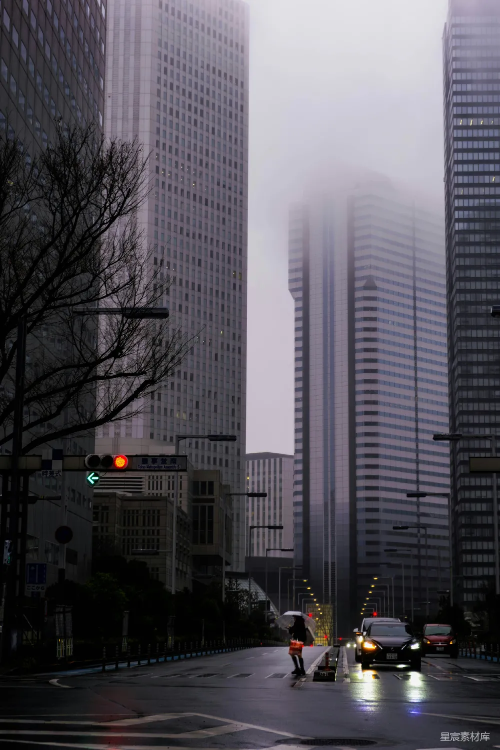 高清摄影  摩天大楼矗立在雾气弥漫的城市天际线中。