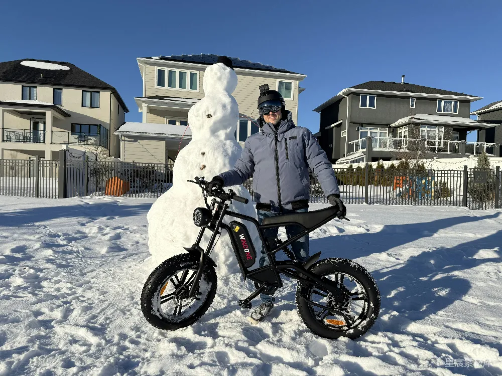 高清摄影  一个男人站在雪人旁边，旁边还有一辆自行车。