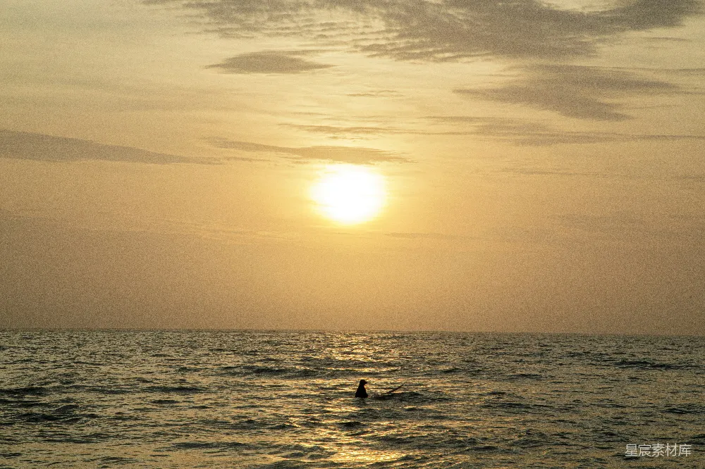 高清摄影  夕阳下，一个人在海中游泳。