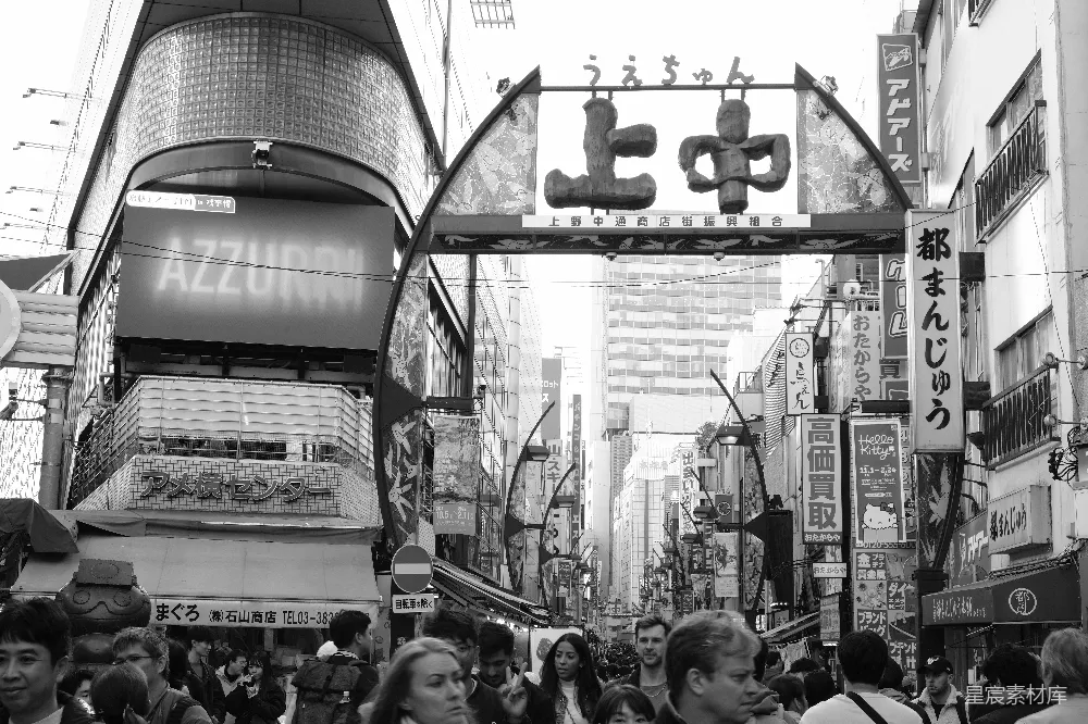 高清摄影  一张黑白照片，展示了一条拥挤的城市街道。