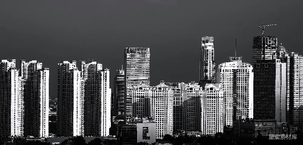 高清摄影  一张黑白照片，展示了一个城市的天际线。