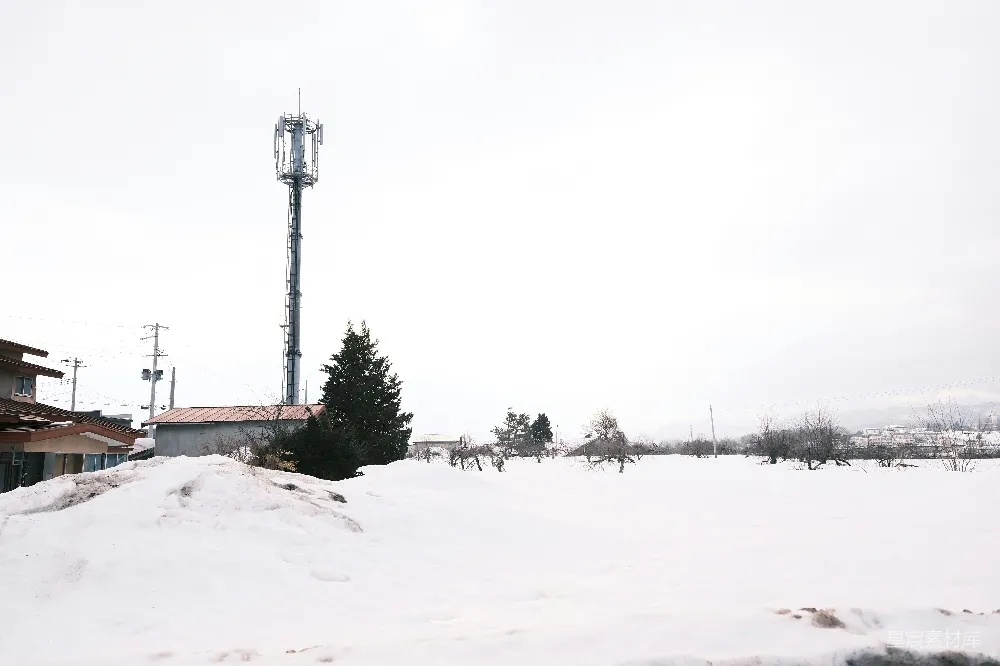 高清摄影  被雪覆盖的景观，有一座高大的通信塔。