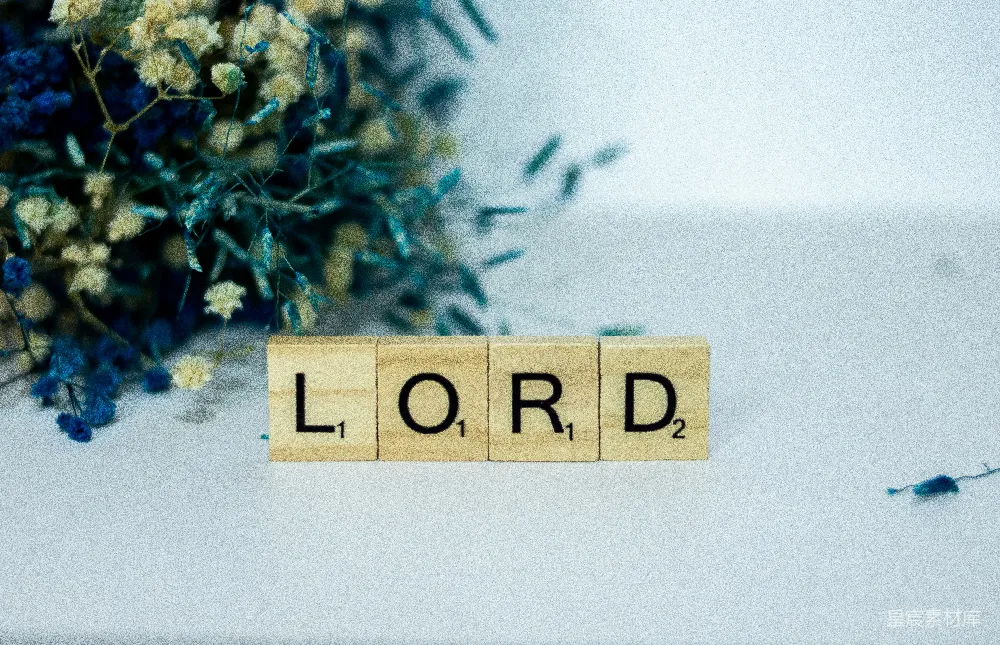 高清摄影  一个拼字游戏方块拼出单词“lord”旁边的花束。