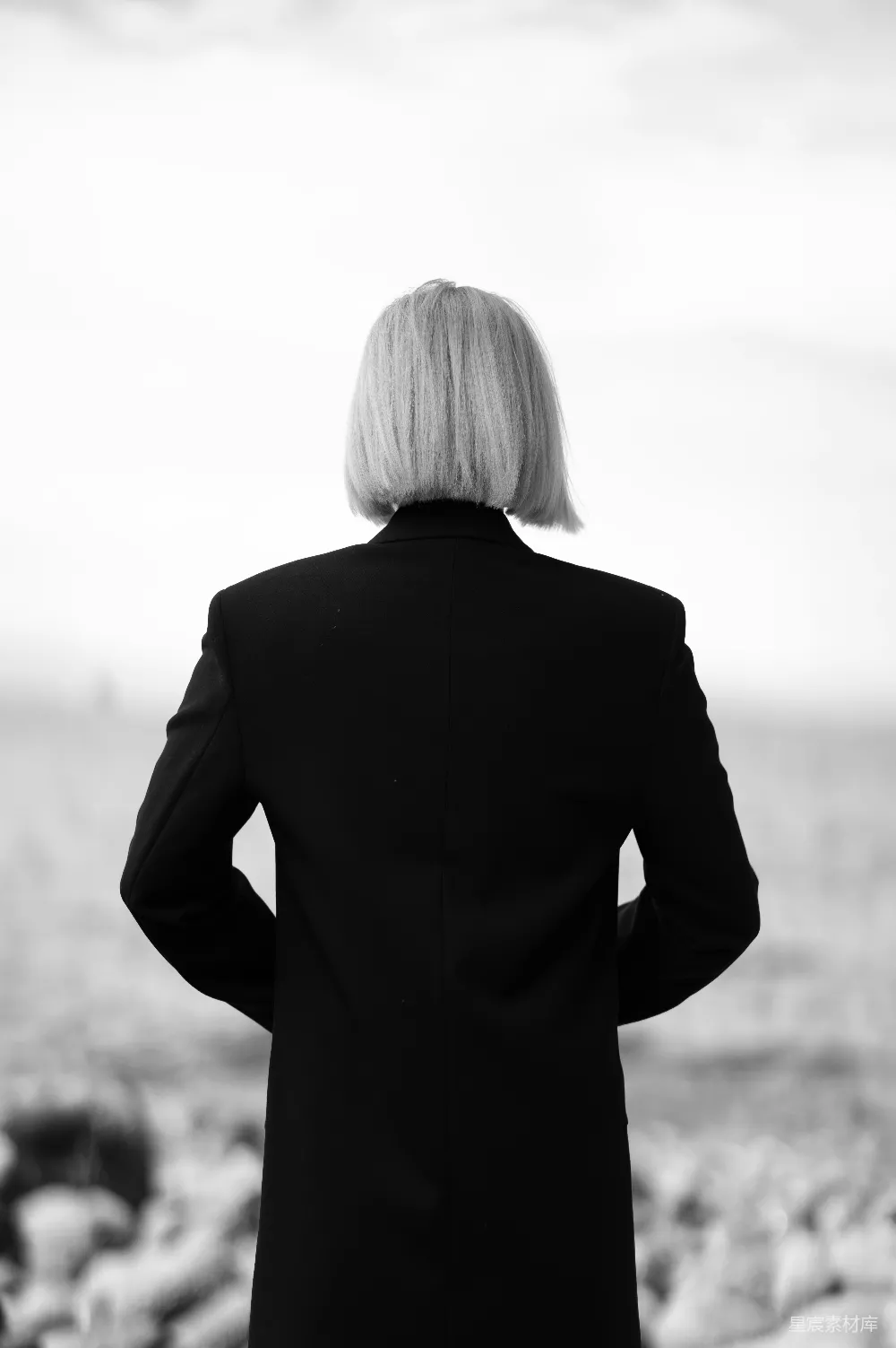 高清摄影  金色短发的女性面对着海洋。