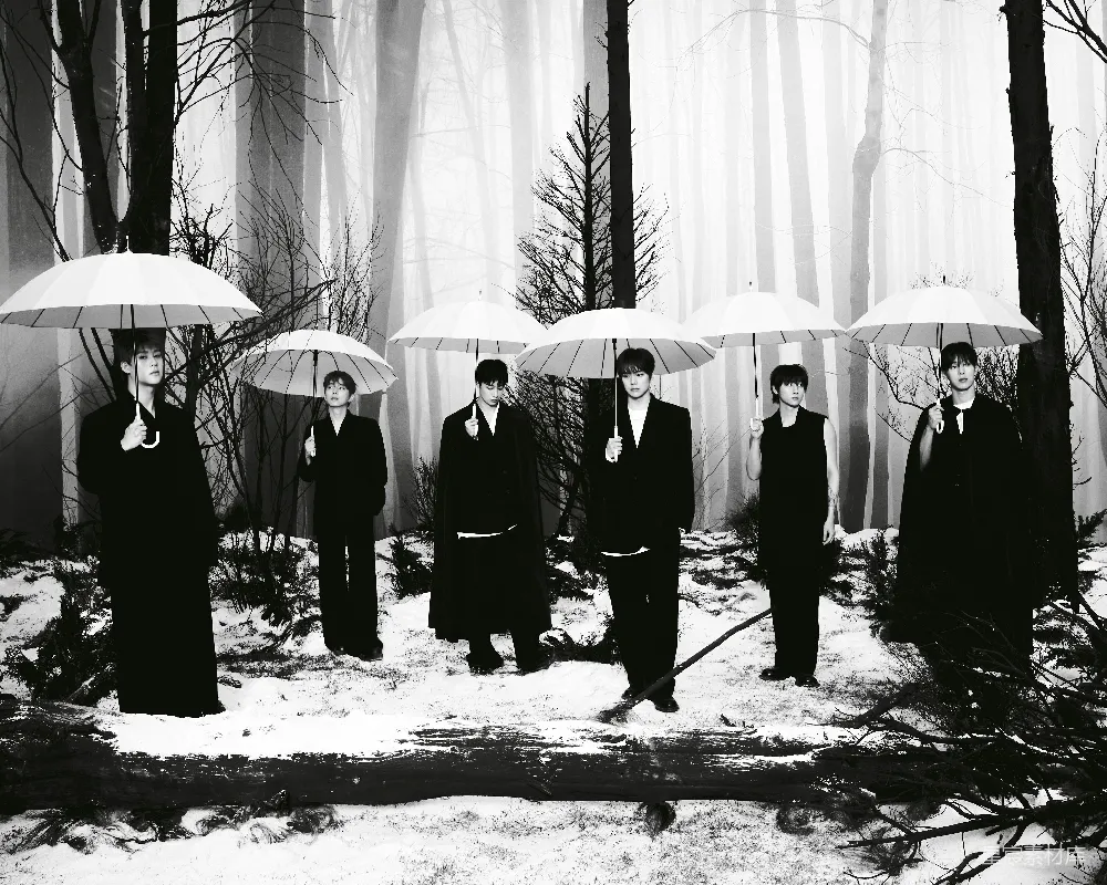 高清摄影  六个人打着伞站在雪地里的森林中。