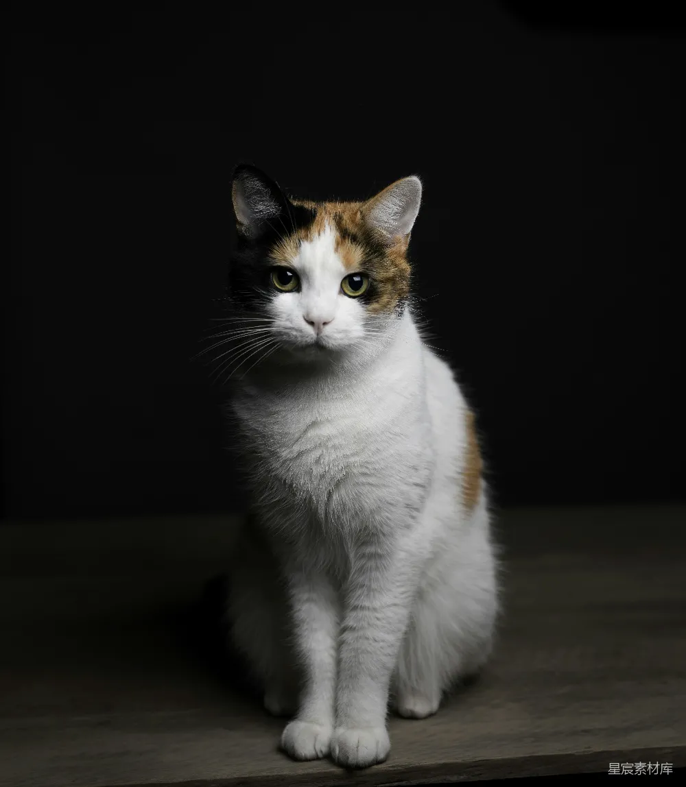 高清摄影  一只白橙相间的猫在棕色的木桌上。