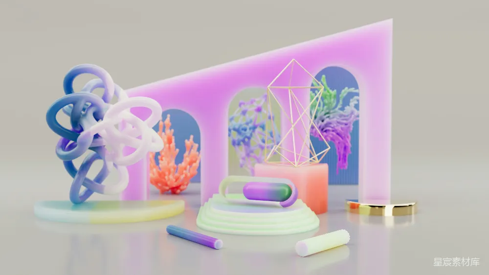 高清摄影  抽象的淡色3D形状，带有发光元素和建筑形式。