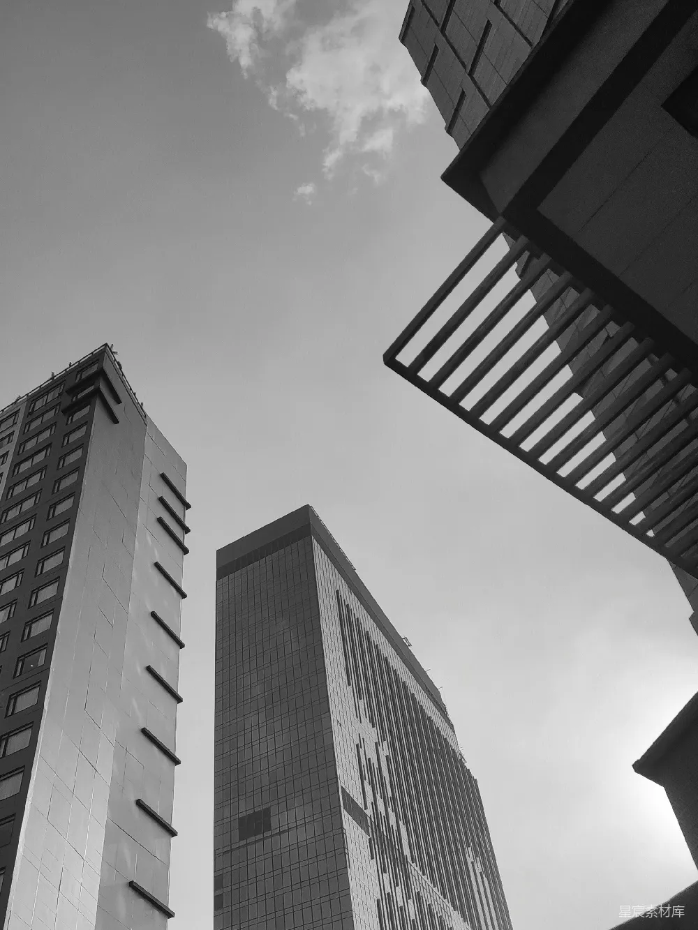 高清摄影  一张黑白照片，展示了两栋高大的建筑。