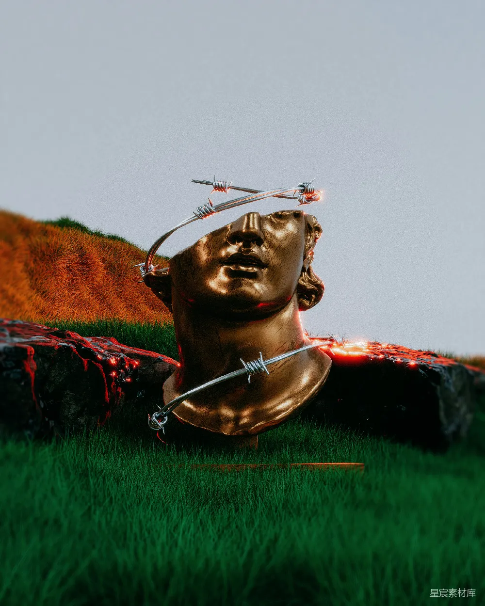 高清摄影  一把剑从一个金色雕像的头中伸出。