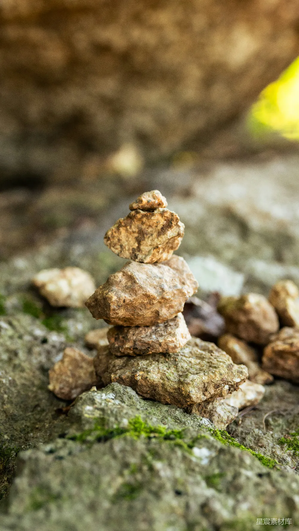 高清摄影 自然 一叠岩石坐落在长满青苔的地面上。