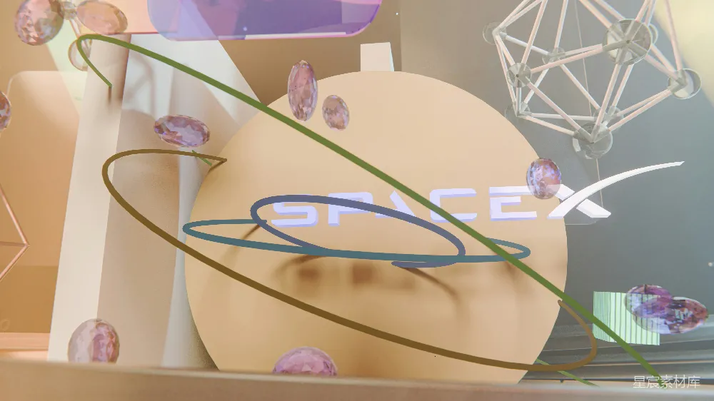 高清摄影  抽象设计，带有SpaceX文字、几何形状和悬浮元素。