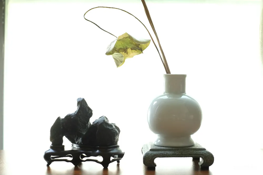 高清摄影  一个白色的花瓶放在一个黑色的雕塑旁边。