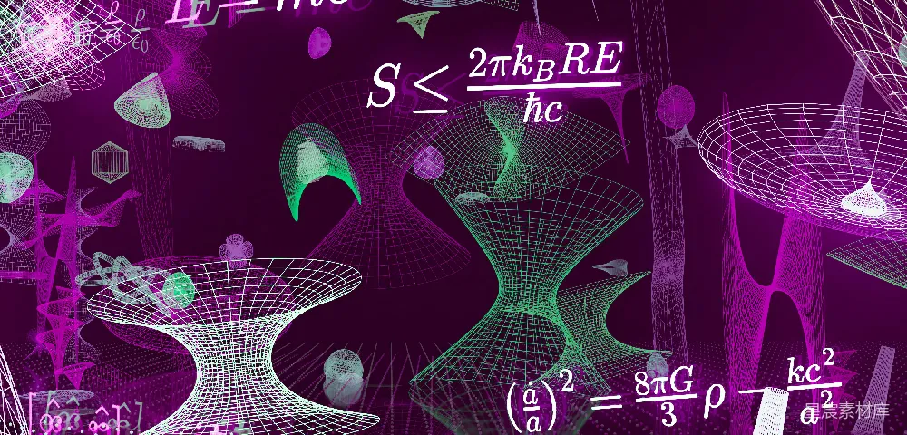 高清摄影  复杂的数学方程和抽象的几何形状在紫色背景上。