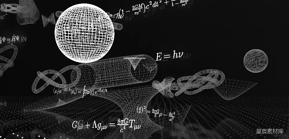 高清摄影  在黑色背景上绘制出3D结构的框架、形状和方程。