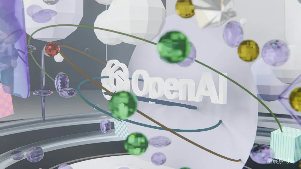 高清摄影  OpenAI标志周围环绕着彩色的3D形状和线条。