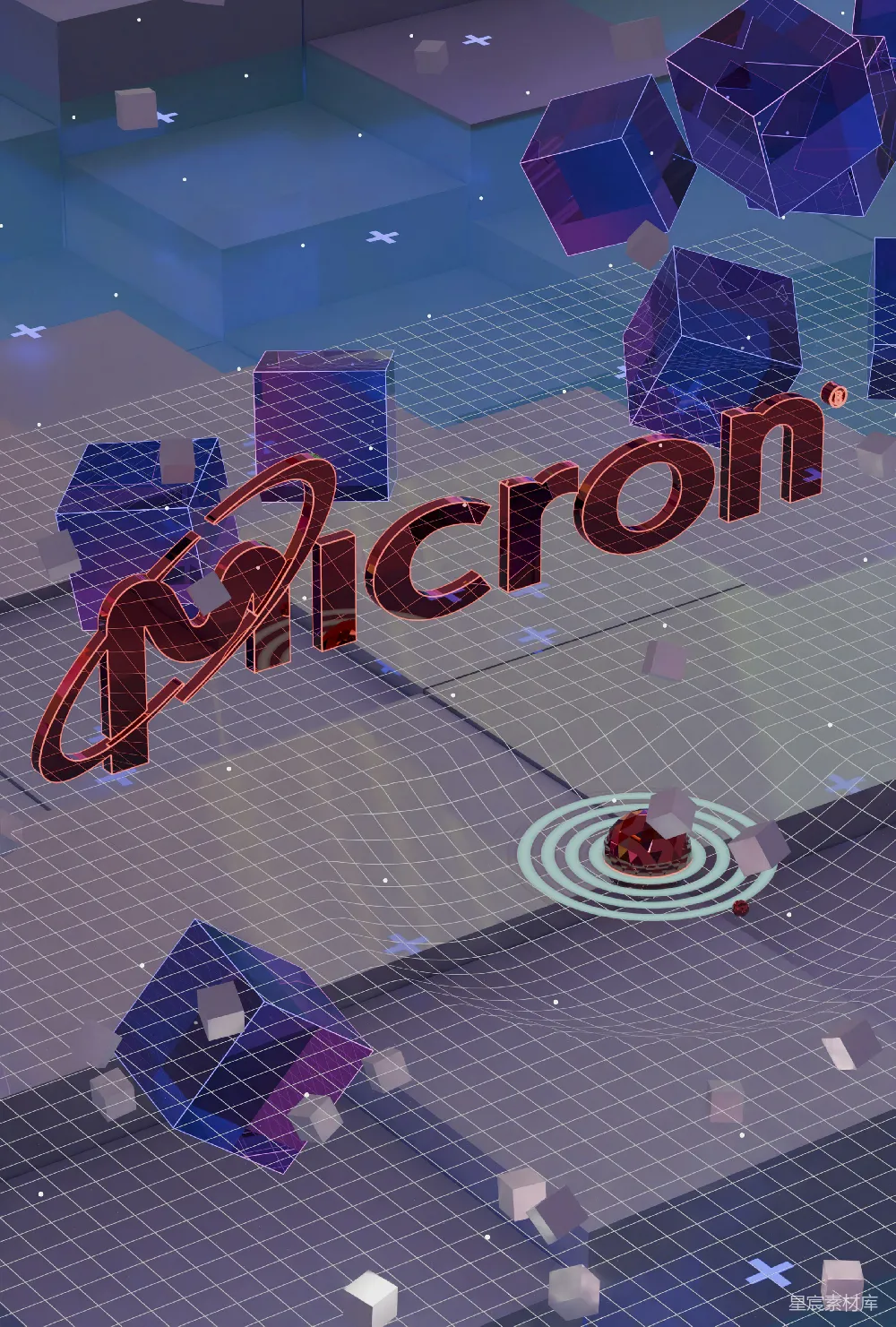 高清摄影  微美克（Micron）标志在一个未来风格的数字网格中，带有浮动的立方体。