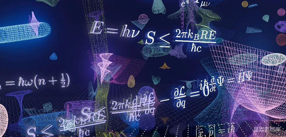 高清摄影  在黑暗的背景上，闪烁着科学公式和抽象形状。