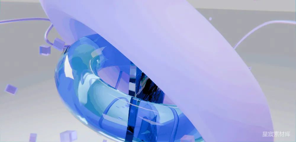 高清摄影  抽象的3D形状，蓝白相间的透明环和紫色表面。