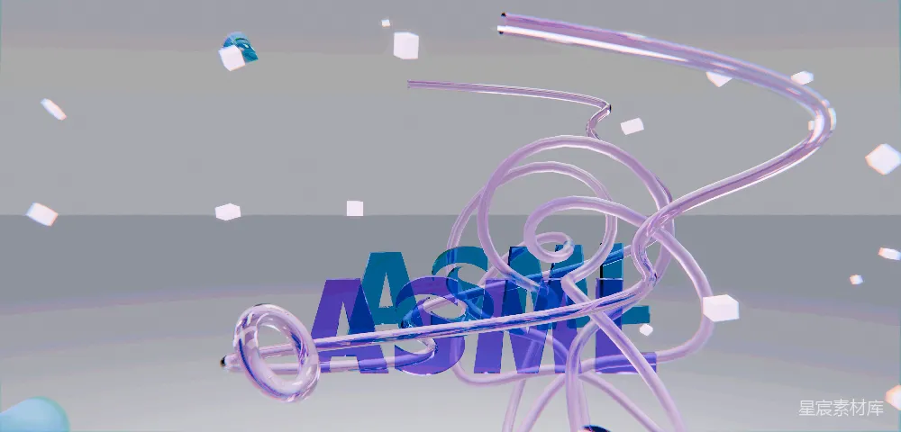 高清摄影  摘要：具有紫色管道和漂浮白色立方体的ASMR文字。