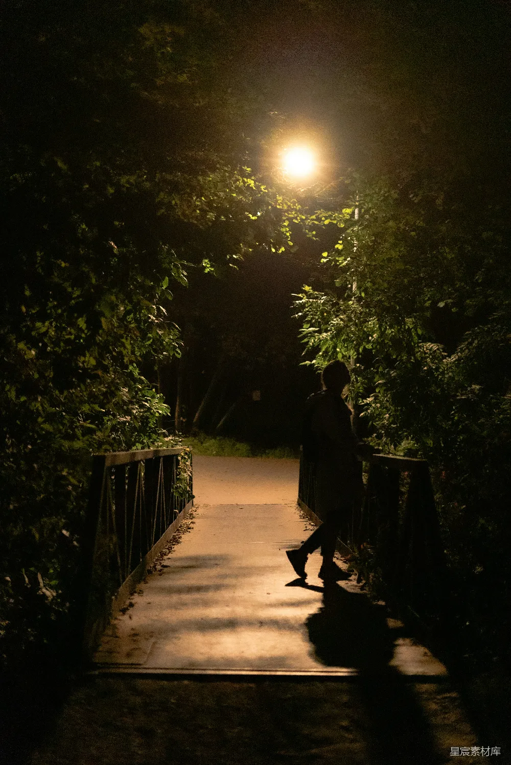 高清摄影  一个人在夜间沿着一条小路行走。