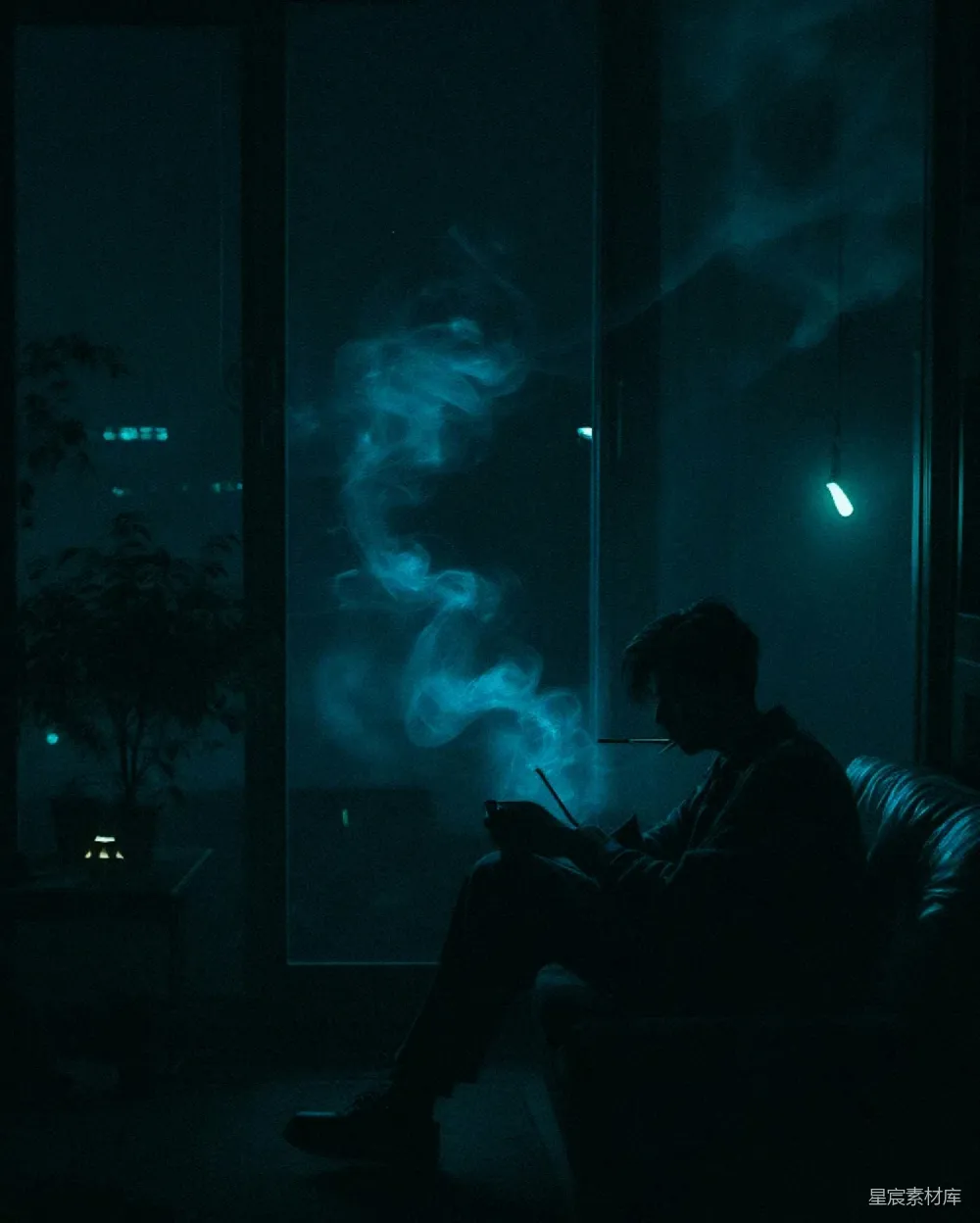 高清摄影  一个男人坐在昏暗房间里的一张沙发上。