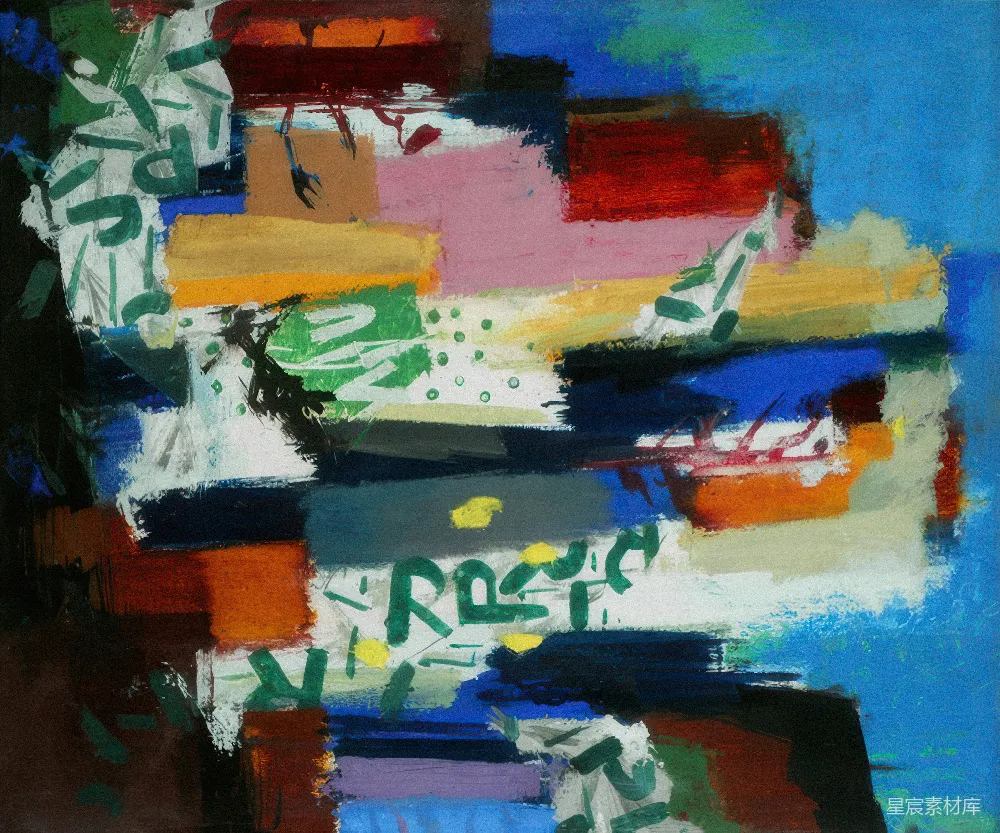 高清摄影  抽象拼贴画，包含彩色形状和文字