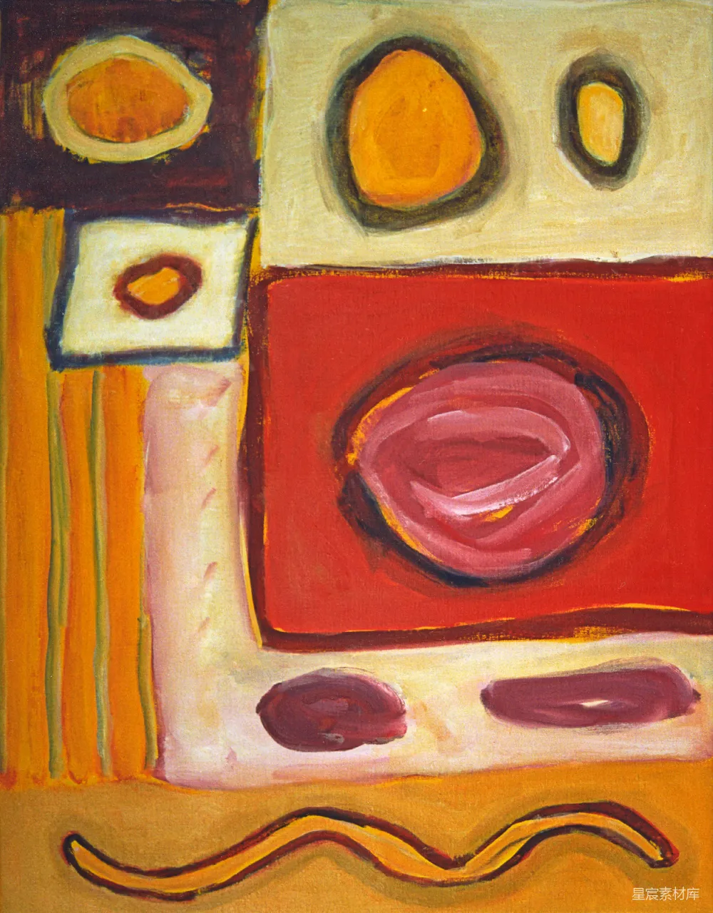 高清摄影  一幅红、黄、棕色的正方形画作