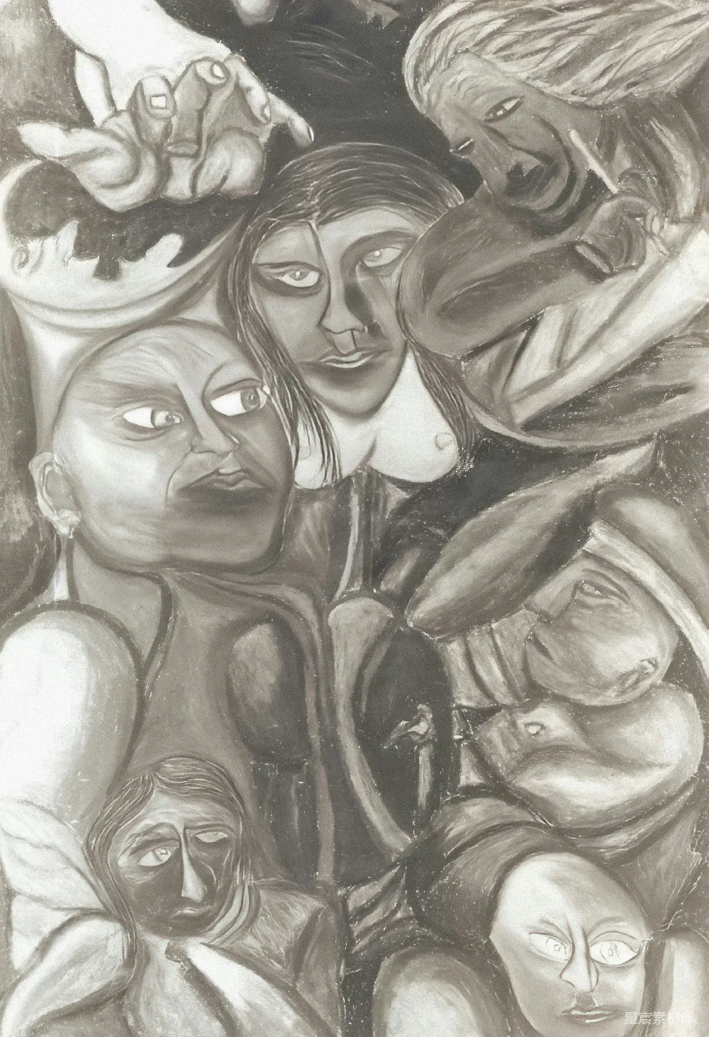 高清摄影  抽象的木炭画，描绘了多个面孔和手。