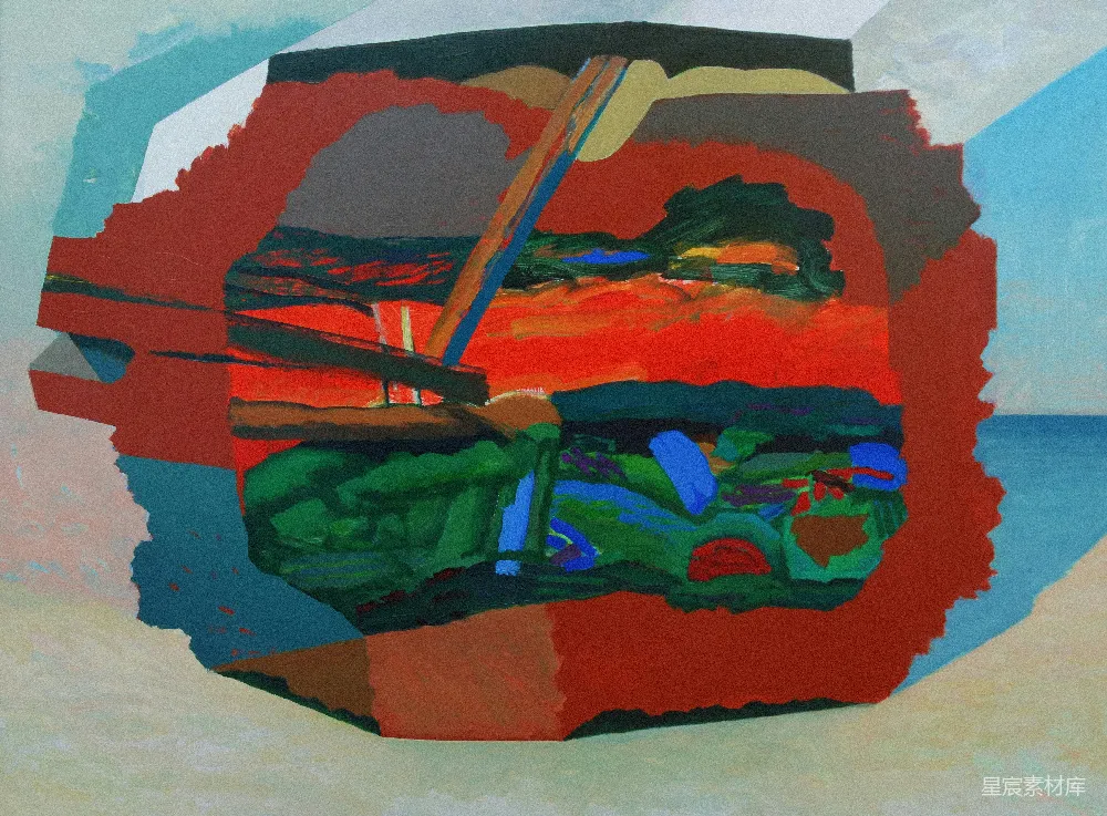 高清摄影  抽象艺术作品，由层叠的几何形状和景观元素构成。