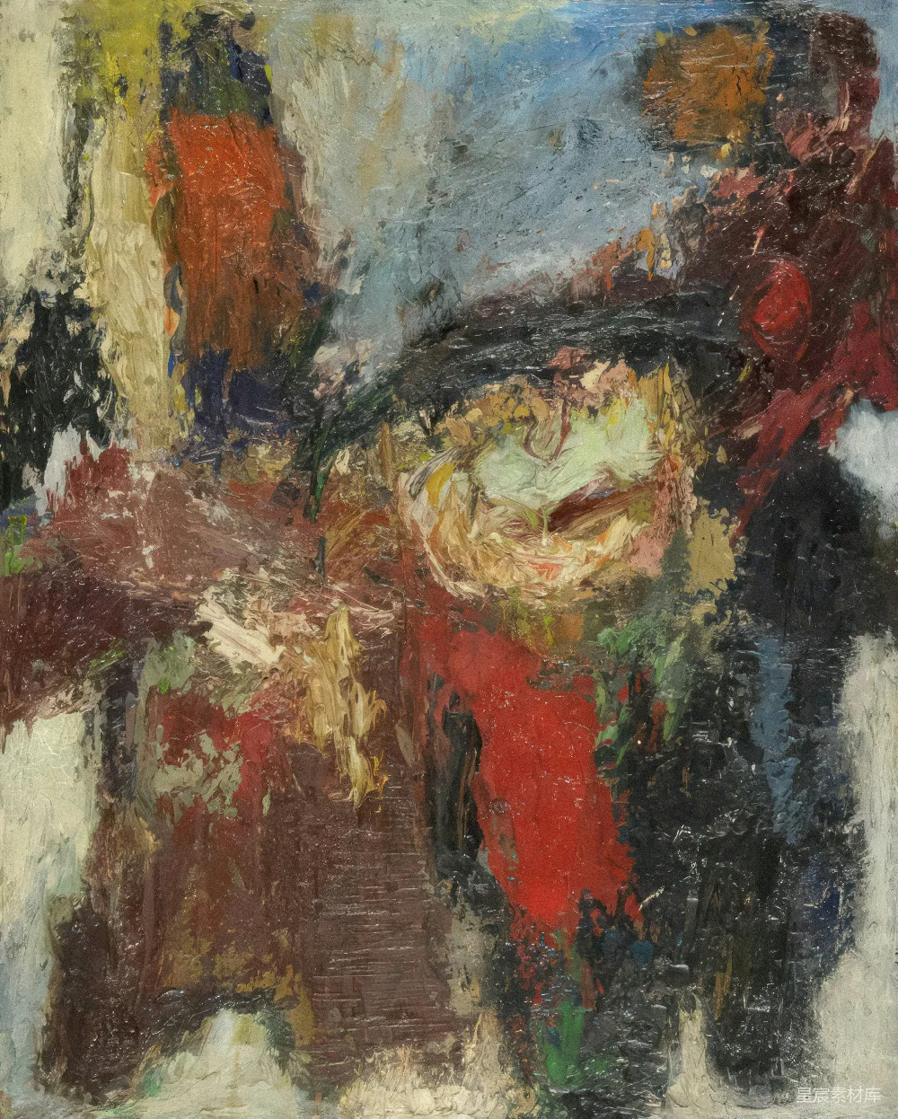 高清摄影  一幅由红色、黄色和蓝色构成的抽象马画。