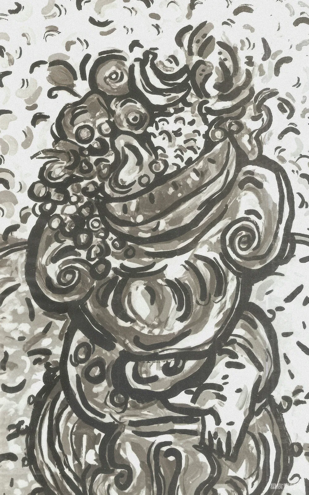 高清摄影  一幅风格化的画，描绘了一个装有香蕉和葡萄的水果篮。