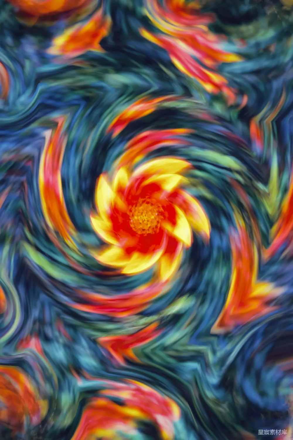 高清摄影 壁纸 实验性 一朵红黄相间的花朵，周围环绕着蓝色和绿色的漩涡。