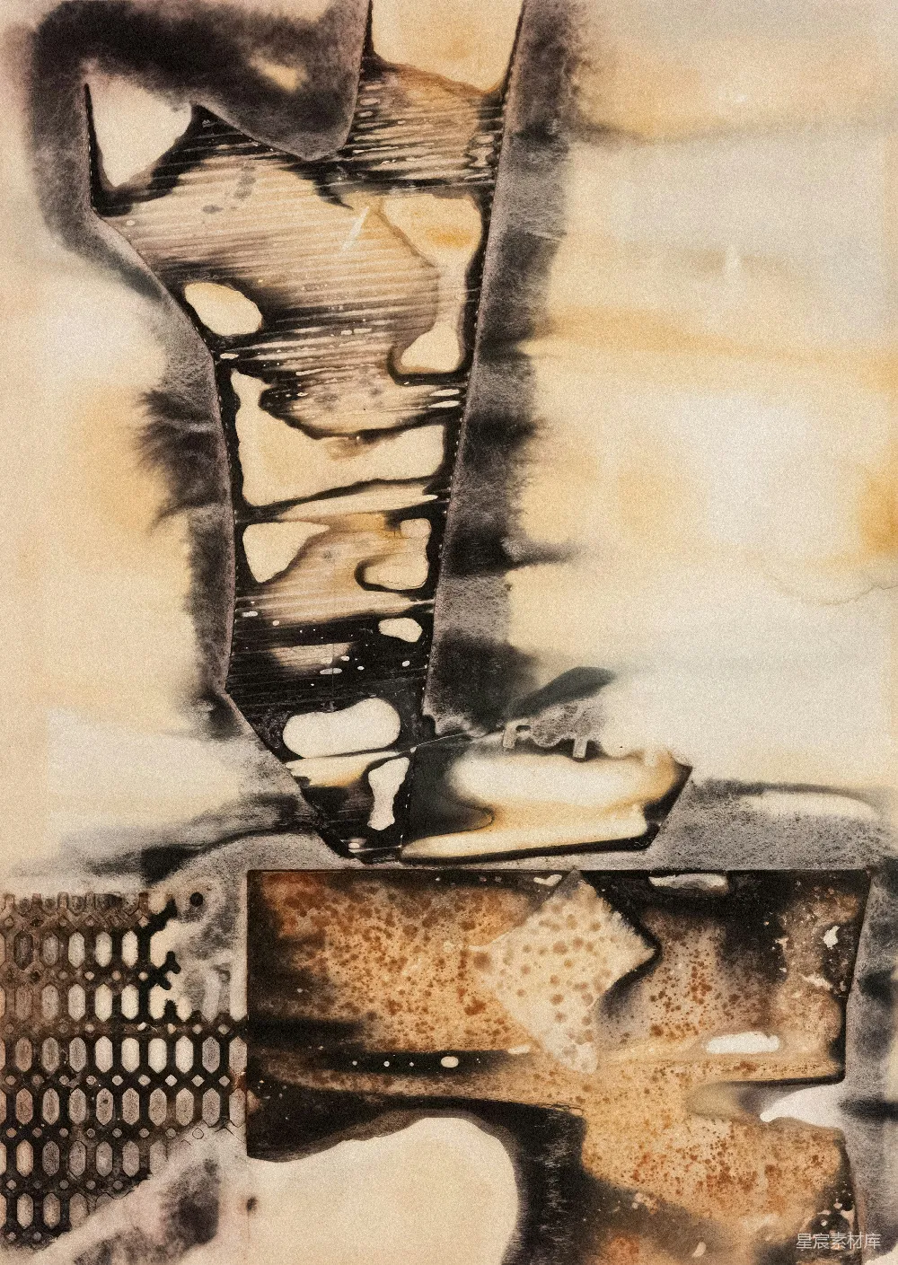 高清摄影  抽象纹理艺术作品，色调为黑色和米色。
