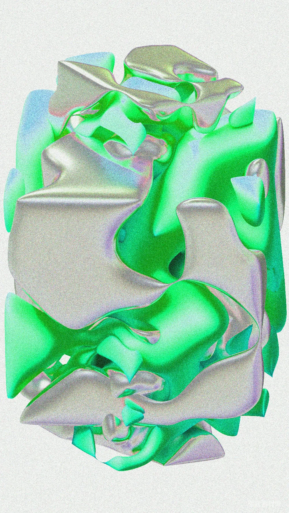 高清摄影  抽象的金属雕塑，带有绿色和银色的虹彩表面。