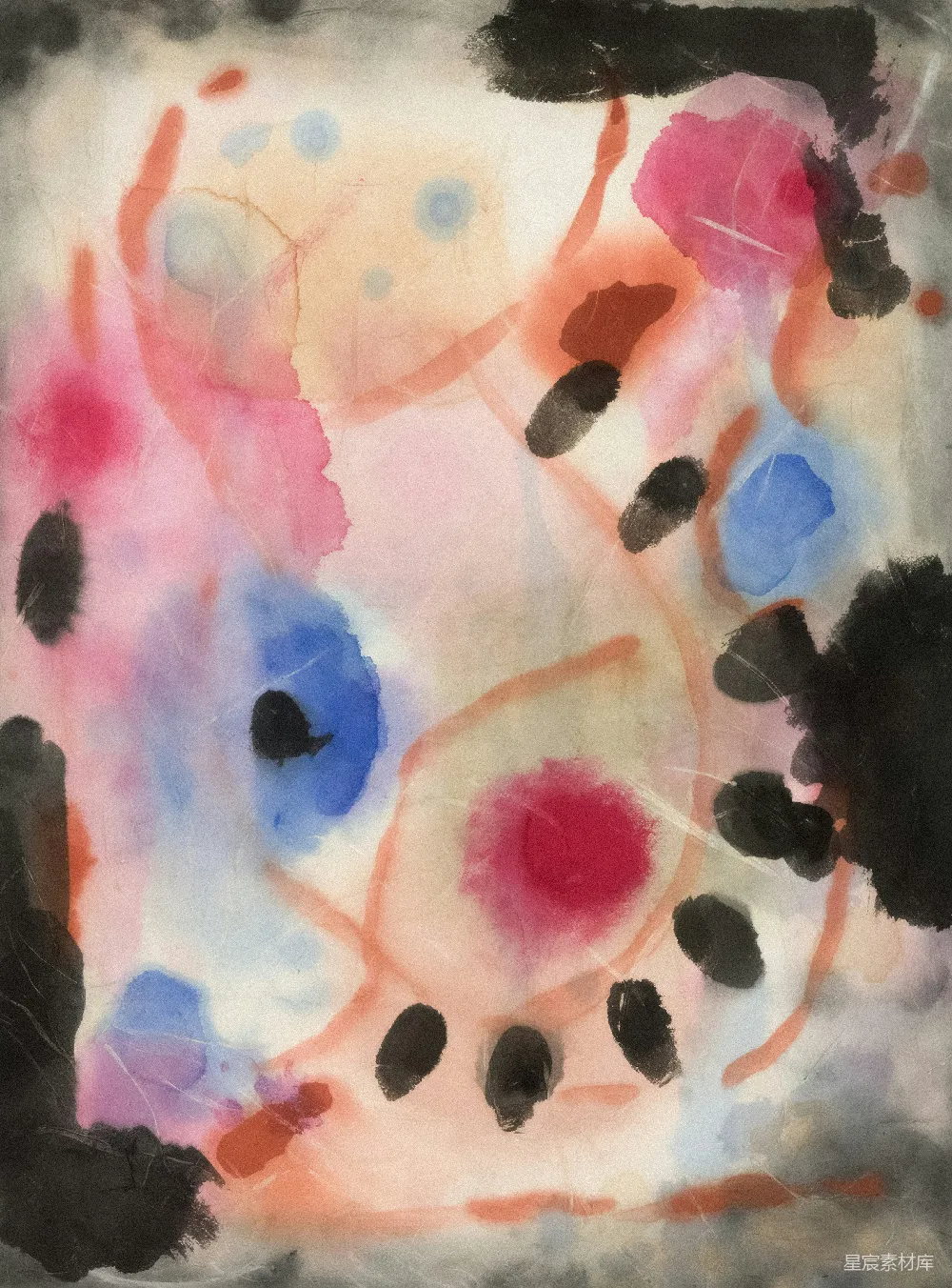 高清摄影  抽象水彩画，粉色、蓝色和黑色元素。