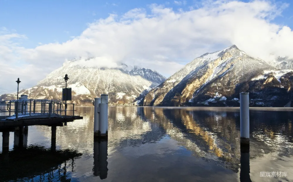 高清摄影 雪山 湖泊 宁静 自然风景 冬季 雪山倒影的宁静湖畔