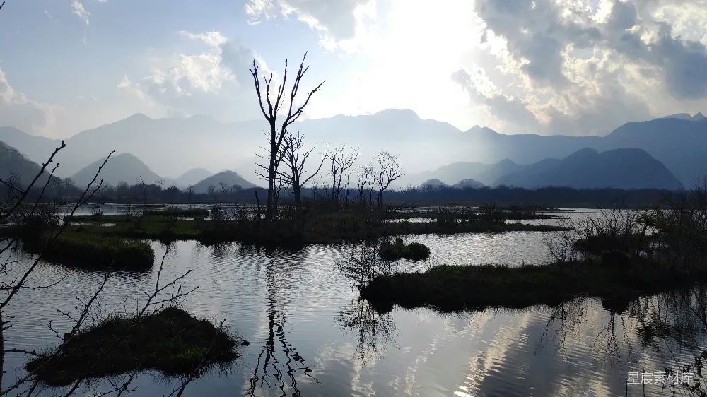 高清摄影 湿地 山脉 晨光 自然风光 宁静 晨光中的湿地与山脉