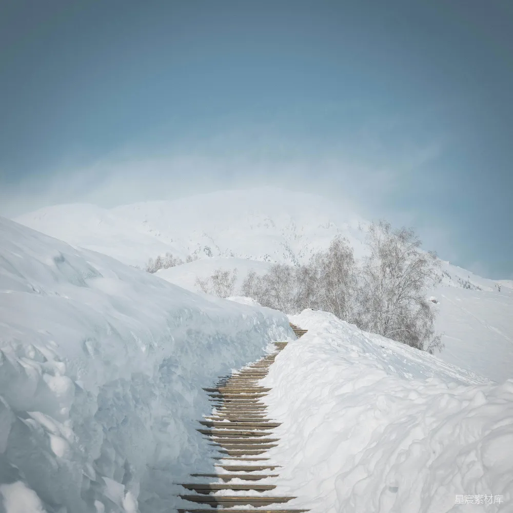 高清摄影 雪地 木栈道 冬季 自然景观 户外 雪地木栈道