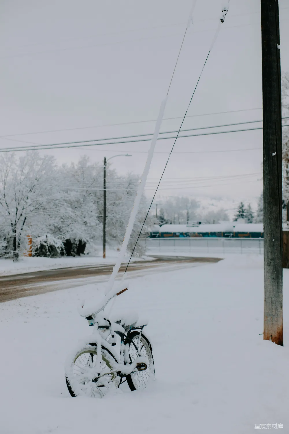 高清摄影 雪地 自行车 冬季 静谧 自然 冬日雪地的小径