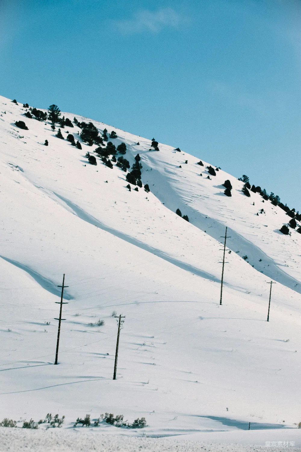 高清摄影 雪景 自然风光 冬季 户外 宁静 雪覆盖的山丘与电线杆