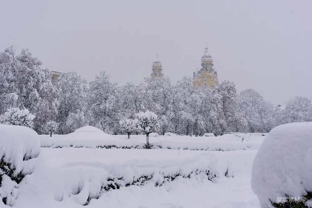 高清摄影 雪景 教堂 花园 冬季 宁静 冬日雪景中的教堂与花园