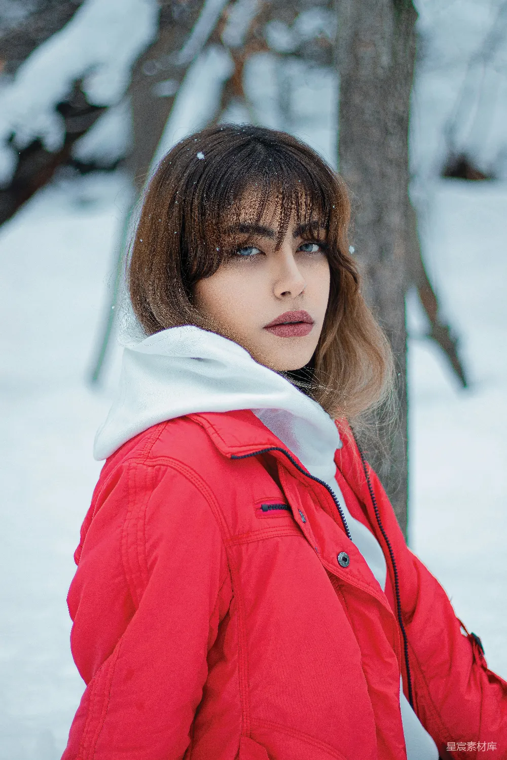 高清摄影 冬天 雪景 时尚 自然 户外 雪地里的红衣少女