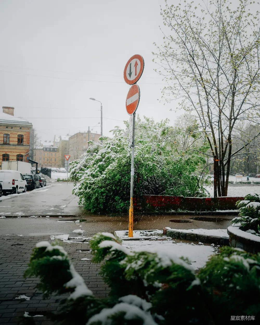 高清摄影 城市 雪景 交通标志 冬季 街道 雪中的城市街景