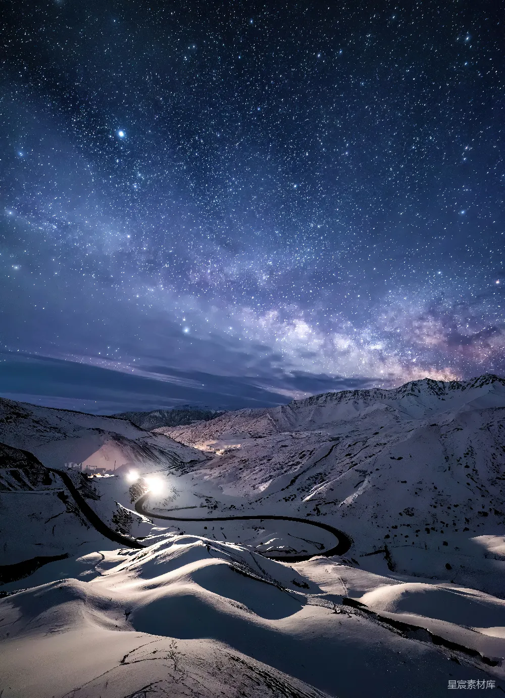 高清摄影 夜晚 星空 山脉 雪景 自然 星河下的雪域山河